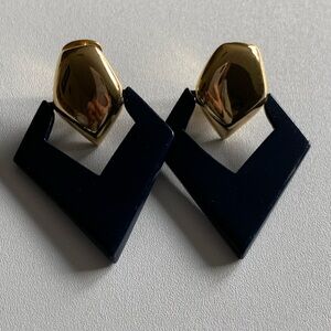 Large vintage statement earrings. Clip on. Navy Blue and Gold